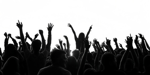 excited crowd with raised hands at concert isolated on a white - background - PNG. GENERATIVE AI