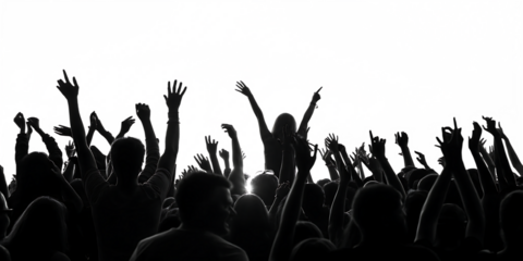 excited crowd with raised hands at concert isolated on a white - background - PNG. GENERATIVE AI