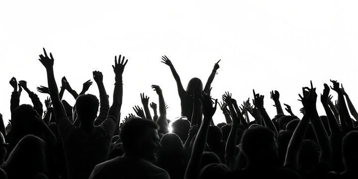 excited crowd with raised hands at concert isolated on a white - background - PNG. GENERATIVE AI