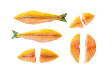 Flat-lay commercial photo of scattered arctic char fillets and whole fish, bright studio lighting, top-down view, isolated on black background revealing texture and fresh seafood appeal