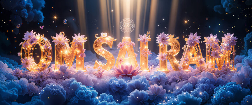 Om Sai Ram - Sai Baba 3d Logo - Diamonds Flowers Glow Rays