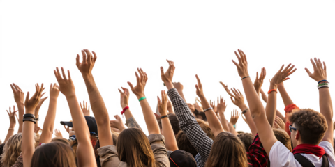excited crowd with raised hands at concert isolated on a white - background - PNG. GENERATIVE AI