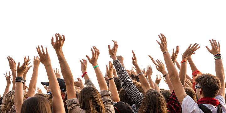 excited crowd with raised hands at concert isolated on a white - background - PNG. GENERATIVE AI