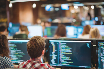 Obraz premium Software Developers Working in Modern Office with Code on Screens