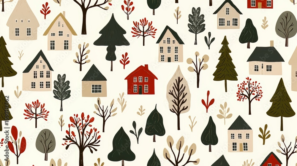 Poster drawing of a town with houses and trees. the houses are in different sizes and colors, and the trees