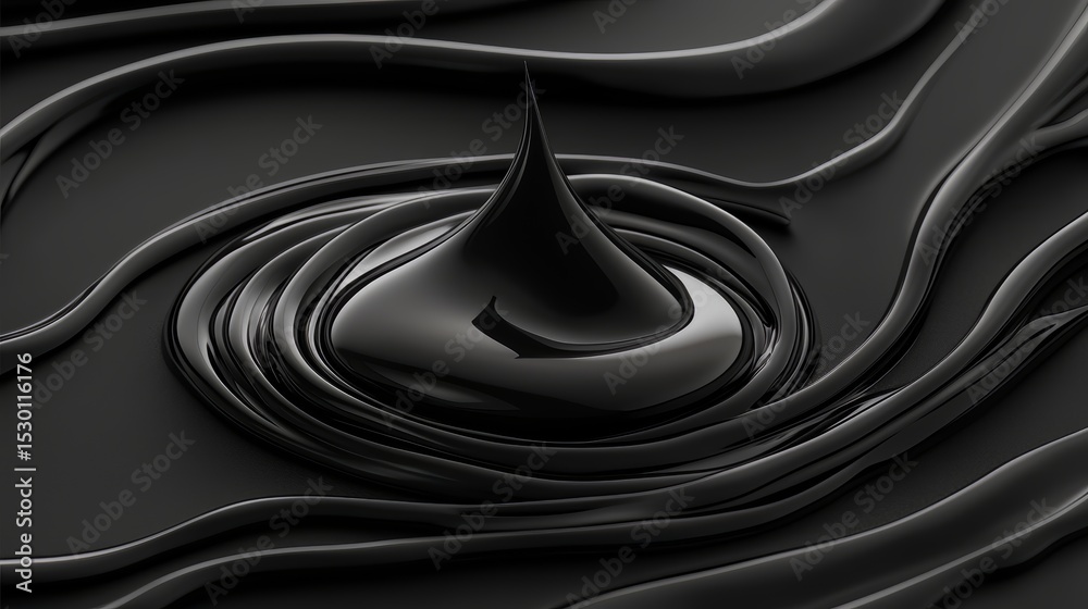 Poster Drop of black oil is on a dark surface. The oil is in a circular shape and is surrounded by a dark wave. Concept of mystery and intrigue, as the viewer is left to wonder about the origin