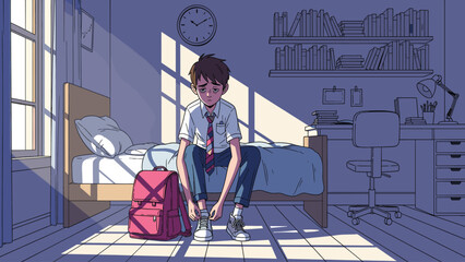 Illustration of a Young Man in a Bedroom Getting Ready for the Day