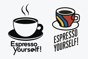 Obraz premium Two coffee cup illustrations with the phrase espresso yourself in a bold graphic style