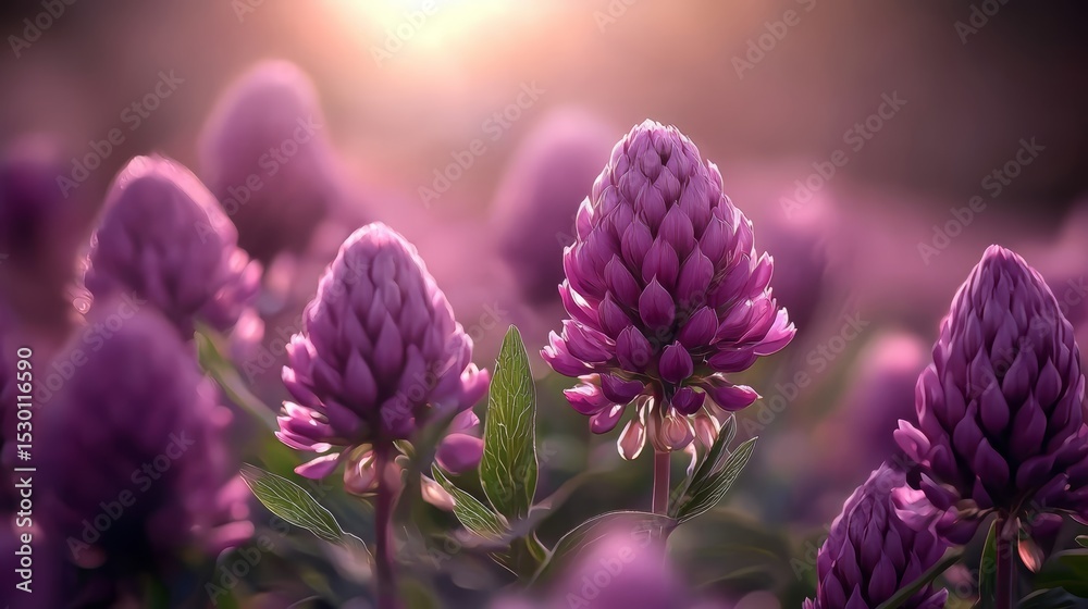 Poster beautiful field of purple flowers with a bright yellow sun in the background. the flowers are of var