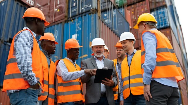 Diverse Team of Dockworkers and Manager Meeting at Shipping Containers