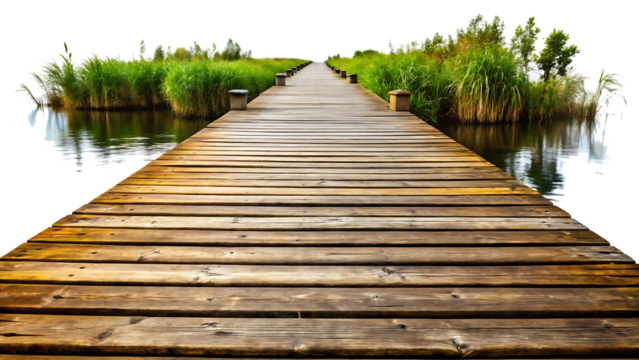 Rustic wooden dock path isolated on a white background, png, ai