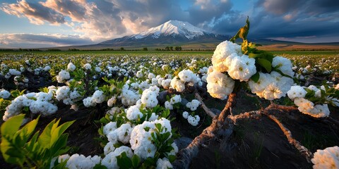Field of white flowers with a mountain in the background. The flowers are in full bloom and the sky is cloudy