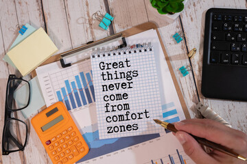 Motivational quotes. Great things never come from comfort zone with a night view