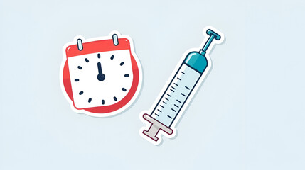 Time to revaccinated to prevention of Covid-19 spread. Regular vaccinations against infectious disease icon with syringe and calendar. Immunization campaign cartoon sticker vector illustration
