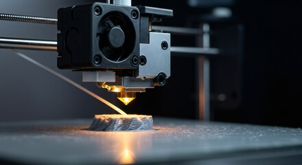 Close-up of a 3D printer nozzle extruding filament onto a build plate, warm light highlights the molten material, dark background emphasizes the printing process.