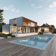 Modern house with pool architecture on white background