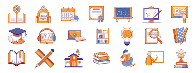 A set of 24 education and learning icons in a blue and orange colors, depicting various academic elements such as books, diplomas, smartboards, online learning, school buildings, and graduation cap.