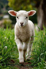 Obraz premium Portrait of sheep baby, cute lamb walking through lush green grass on a sunny day in spring