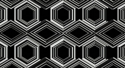 Geometric hexagonal pattern with layered outlines in black and white, evoking depth and modernity. High contrast lighting enhances texture and form. 