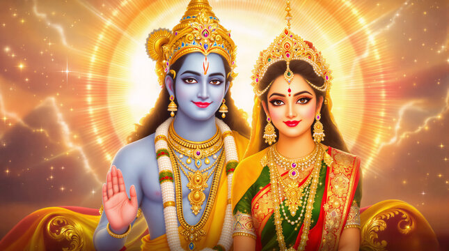 Lord Vishnu and Goddess Lakshmi &ndash; Divine Hindu Deities with Golden Aura