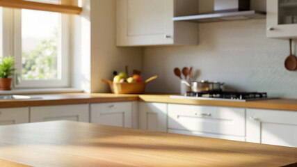 Bright kitchen table with blurred kitchen on the background. Suitable for cooking, recipe, or home interior design context.