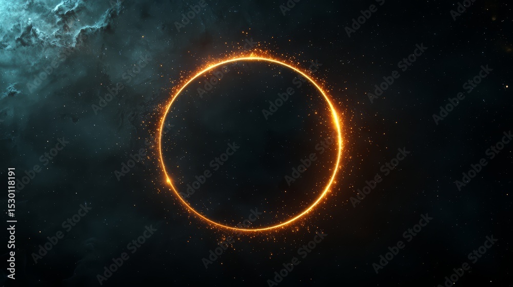 Poster glowing orange circle in the dark sky. the circle is surrounded by a lot of stars and the sky is fil