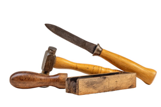 Flat-lay image of scattered woodworking tools and shavings, soft lighting, top-down view on rustic workbench revealing texture of used chisel, rasp and wooden mallet