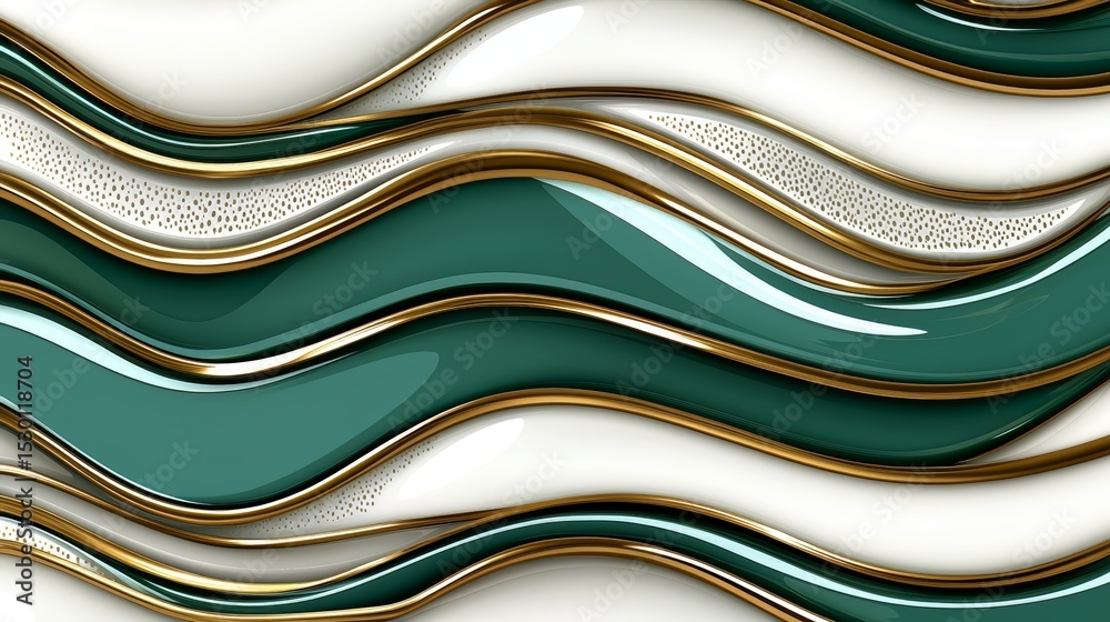 Poster gold and green wave pattern with a white background. the gold and green colors give the image a luxu