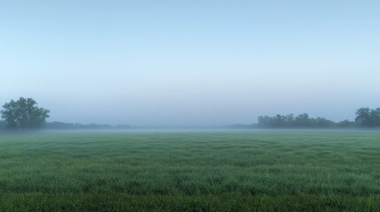 A serene landscape depicts a foggy meadow at sunrise