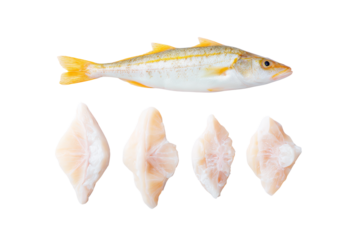Flat-lay studio photo of fresh cod fish neatly aligned row, bright lighting, top-down view, isolated on black background showcasing flaky white flesh and speckled skin