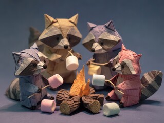 Adorable origami raccoons roasting marshmallows around a campfire.