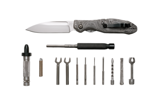 Flat-lay image of scattered compact folding knife and hex key set, soft lighting, top-down view, rustic surface revealing versatile handyman tools