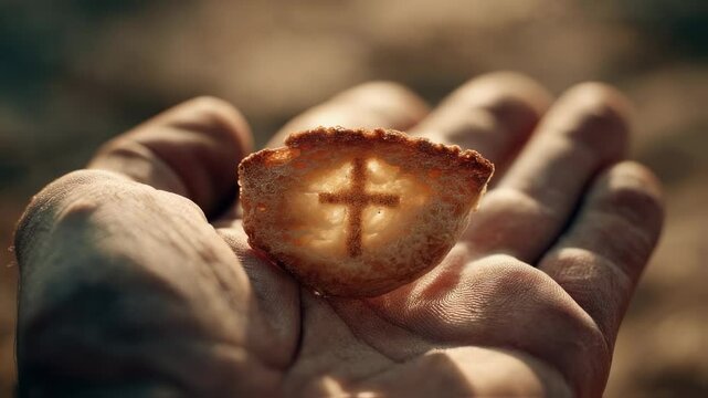 Concept photo of a hand holding a small piece of bread with a faint silhouette of a cross projected on it, symbolizing the presence of Christ in the elements of communion.