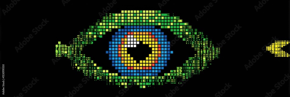 Poster Pixelated Eye Icon Transforming Into a Sharp Symbol Showcasing Digital Recovery and Enhancement Theme