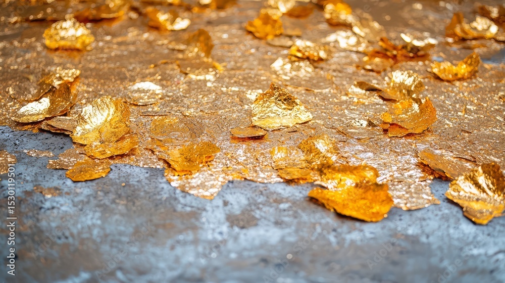 Poster Gold leafy pattern is spread across a grey surface. The gold leaves are scattered in various sizes and shapes, creating a sense of depth and texture. Scene is warm and inviting