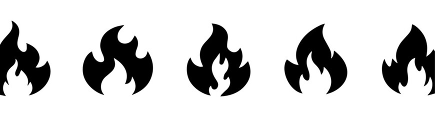 A row of five stylized black flame icons evenly spaced on a white background. Each flame design varies slightly, offering minimalist, vector-style representations of fire for graphic use.