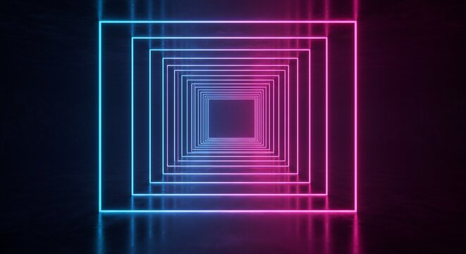 Futuristic neon tunnel with concentric blue and pink light rectangles against a dark background, reflecting light for depth. Minimalist composition emphasizing dimensions.