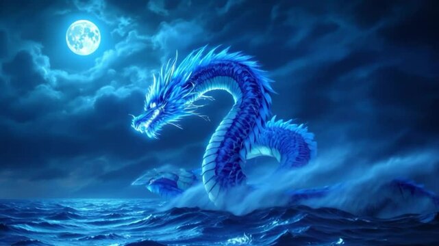 Blue dragon engulfed in crackling lightning, emerging from a stormy ocean under a full moon