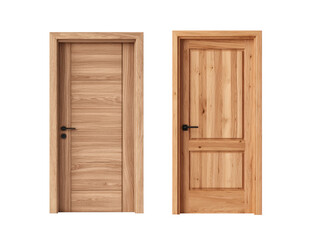 Wooden door set with modern and classic design, natural oak texture and black handle, isolated on transparency background, elegant home interior