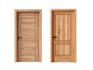 Wooden door set with modern and classic design, natural oak texture and black handle, isolated on transparency background, elegant home interior