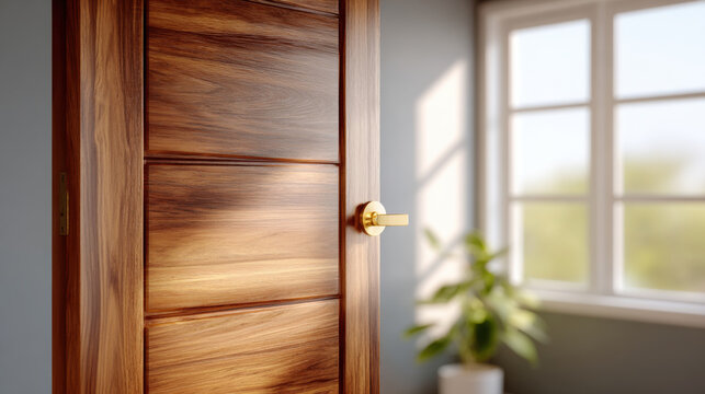Fototapeta Midcentury modern walnut door with horizontal panels and golden handle in bright room with window and plant