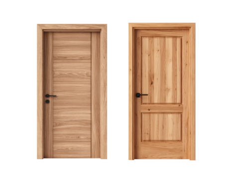 Wooden door set with modern and classic design, natural oak texture and black handle, isolated on transparency background, elegant home interior