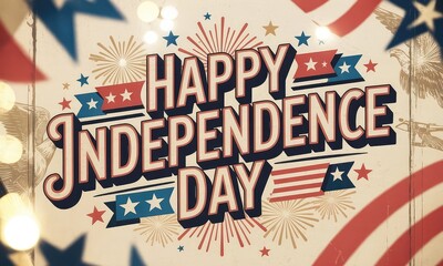 Naklejka premium Happy independence day festive typography design with fireworks and stars