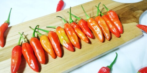 Close-Up Shot of Freshly Harvested Red and Orange Tabasco or Bird's Eye Chilies, Lined Up on a...