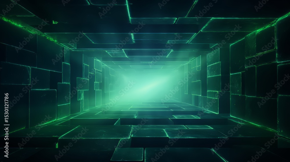Poster green room with a light shining on it. the room is empty and has a futuristic feel to it