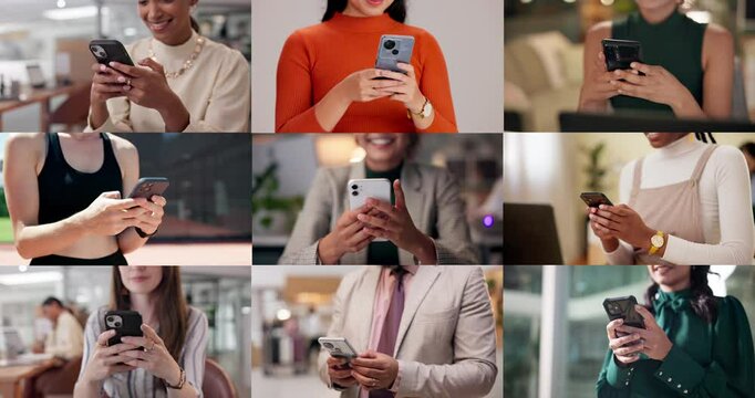 People, hands and collage with phone for network, global communication or business connection. Group, community or users typing on mobile smartphone in series or montage for data sync or social media