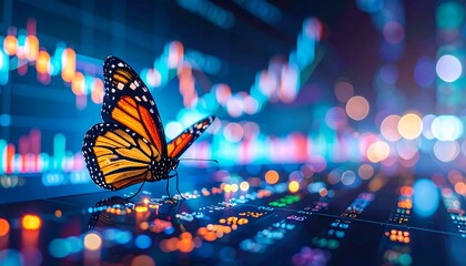 A butterfly weaving through floating financial data in a digital dreamscape