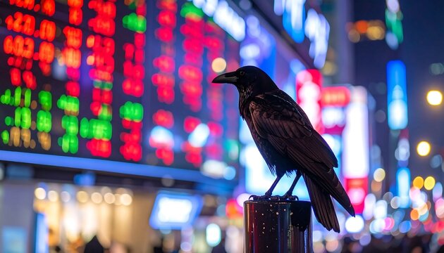 Cyber Crow on Neon Ticker Perch - Powered by Adobe
