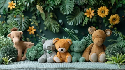 Plush friends in a tropical garden ready for playtime