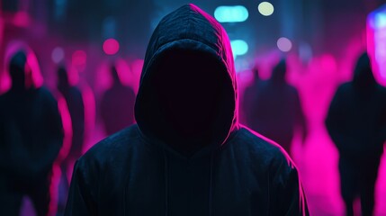 Hooded man stands in front of a group of people. The image has a moody and mysterious feel to it, as the hooded man is the only one visible in the scene